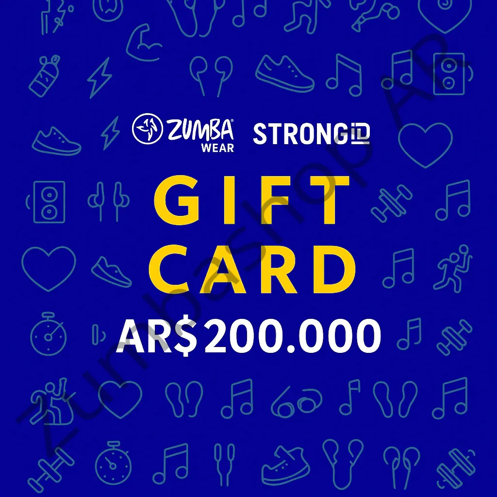 Gift Card oficial de Zumba Shop Argentina por AR$200.000. Válida para canjear por productos originales de Zumba® Wear y STRONG iD™ en toda la tienda online. El regalo perfecto para fanáticos del fitness